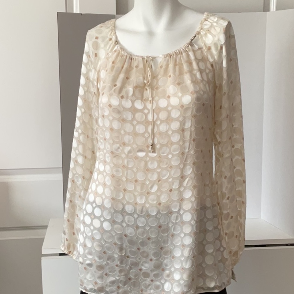 White House Black Market Cream Polka Dotted Long Sleeve Blouse